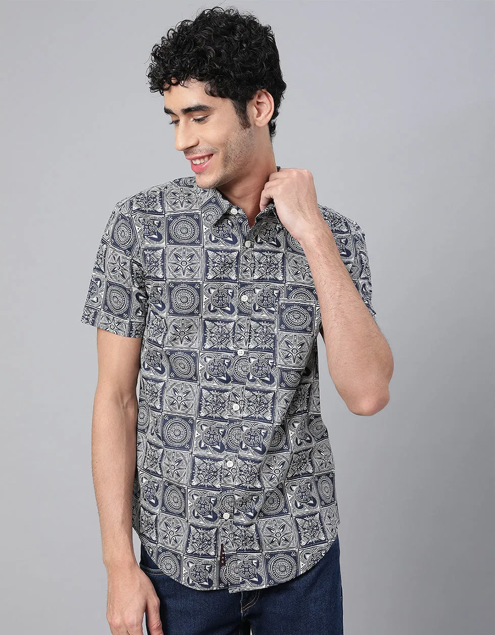 Navy Geometric Printed Casual Shirt