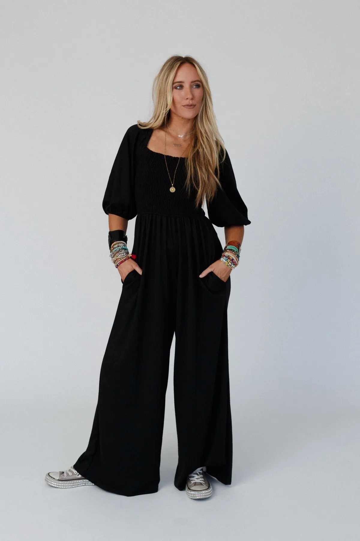 Nick Of Time Smocked Jumpsuit - Black