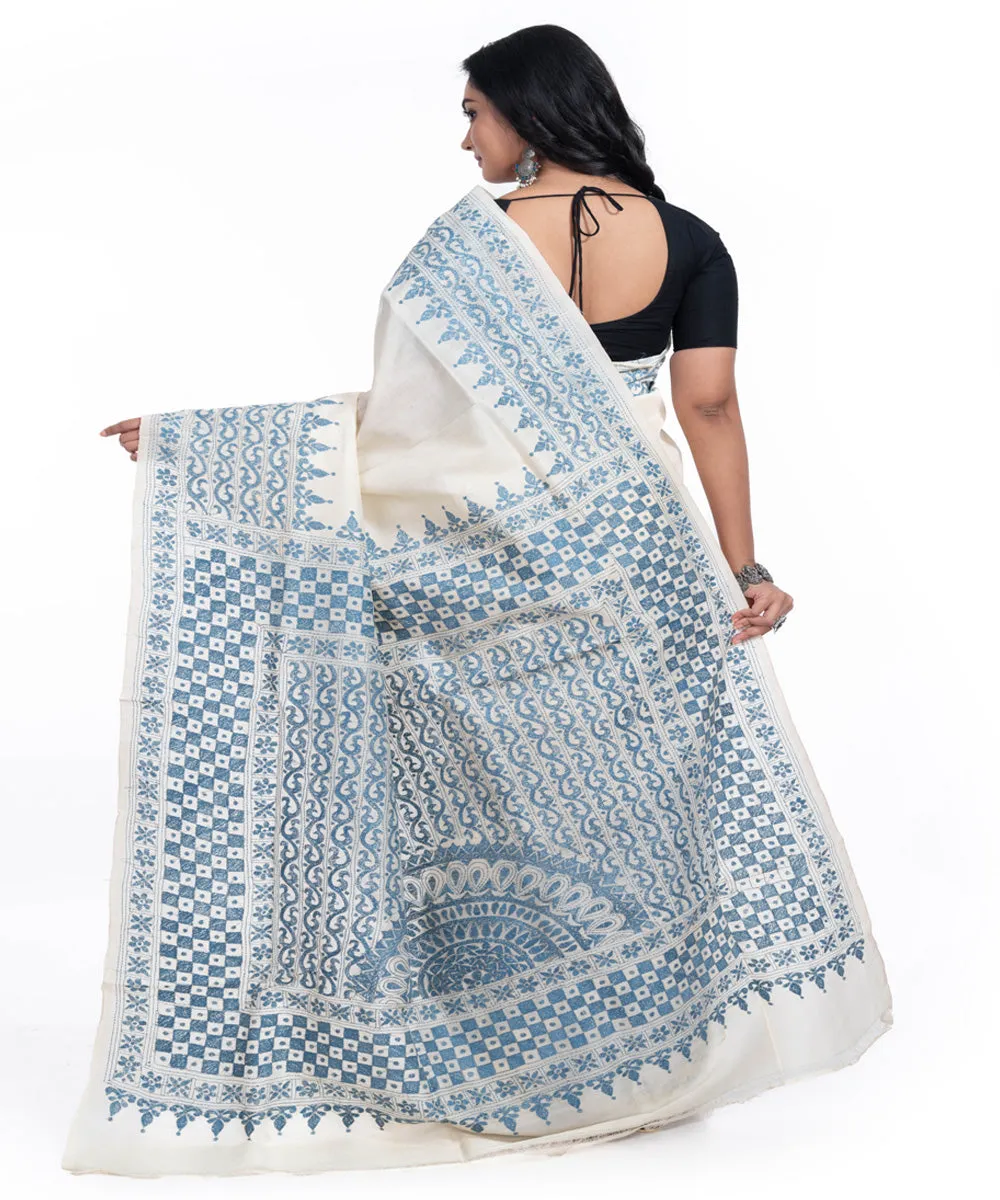 Offwhite blue handwoven tussar silk kantha stitch saree