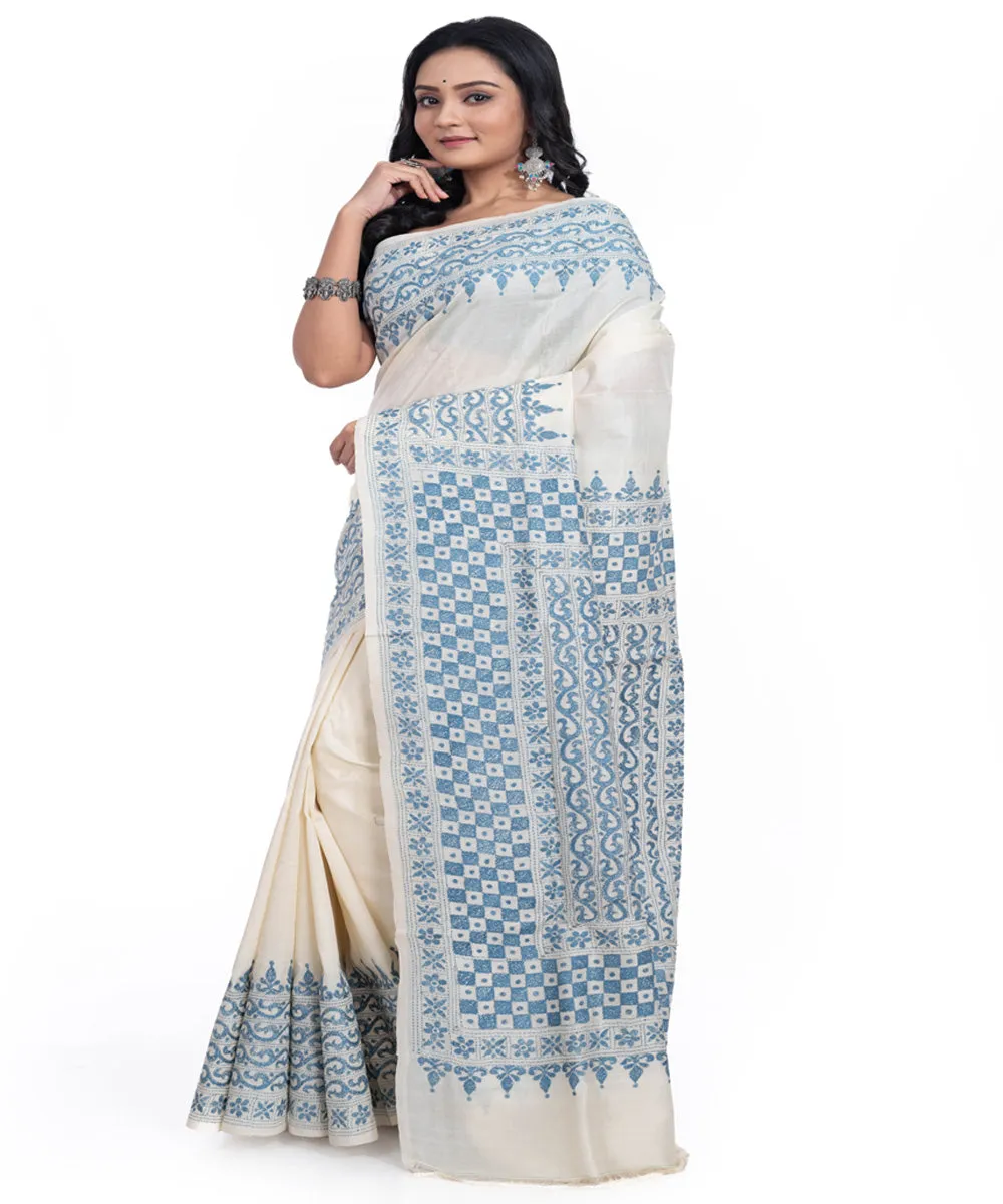 Offwhite blue handwoven tussar silk kantha stitch saree