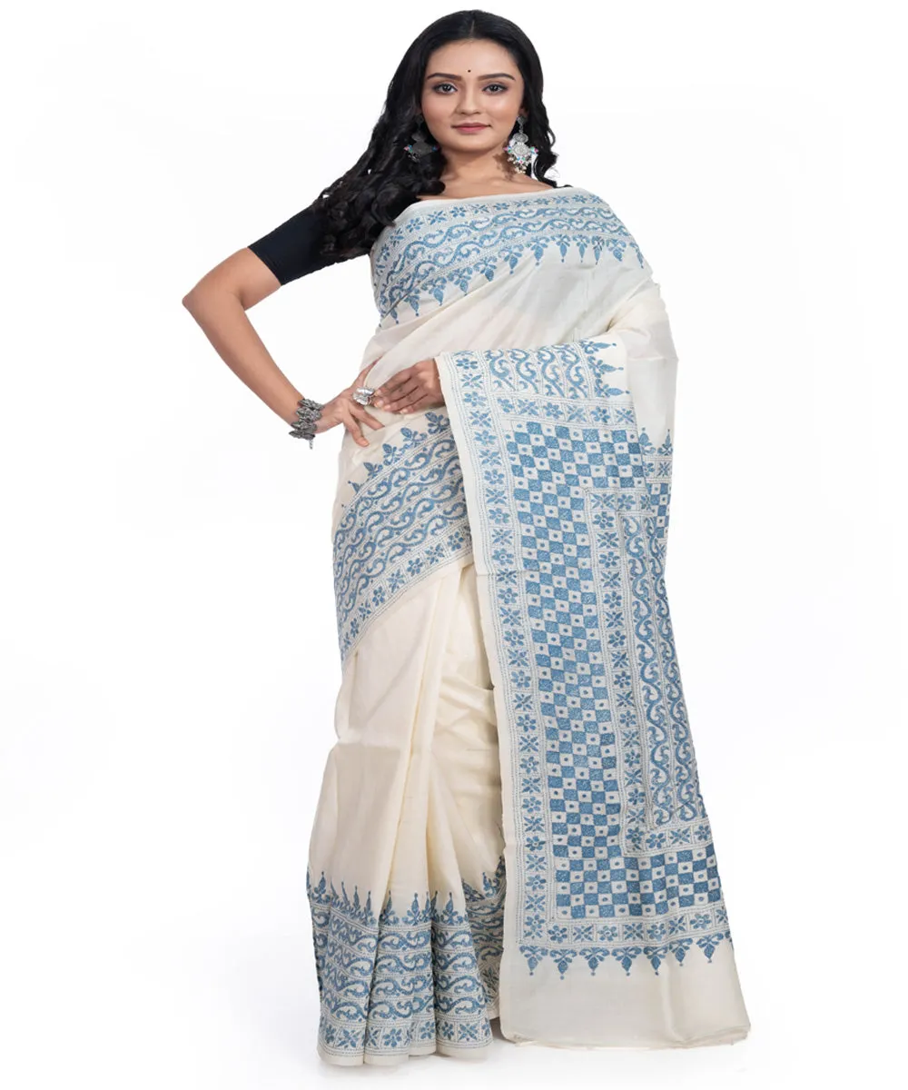 Offwhite blue handwoven tussar silk kantha stitch saree