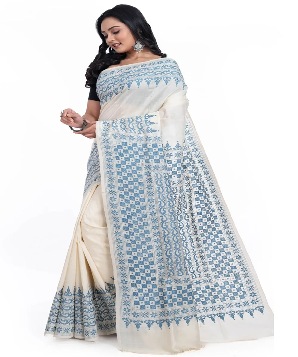 Offwhite blue handwoven tussar silk kantha stitch saree