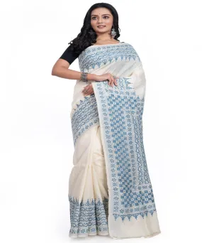 Offwhite blue handwoven tussar silk kantha stitch saree