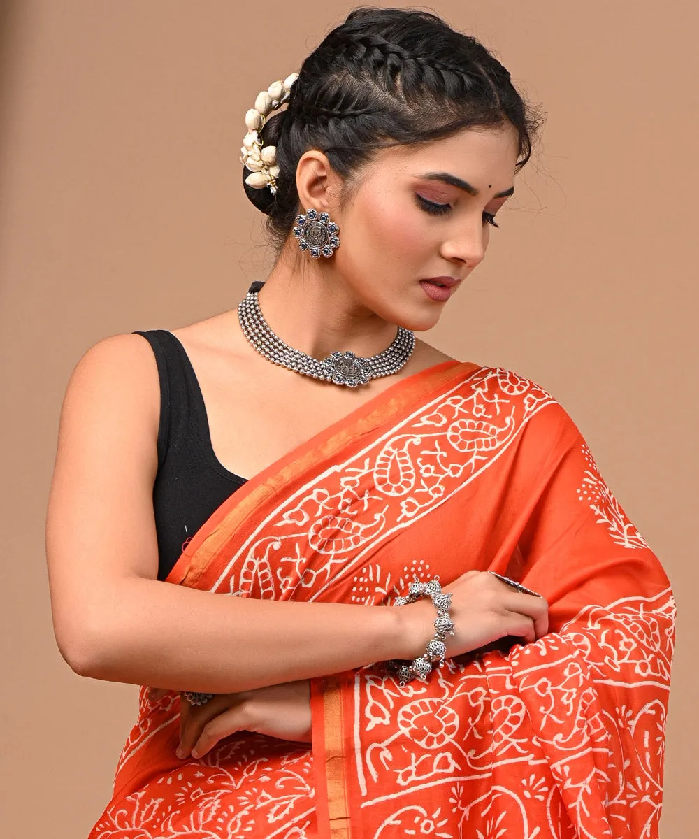 Orange offwhite hand block printed sanganeri cotton silk saree