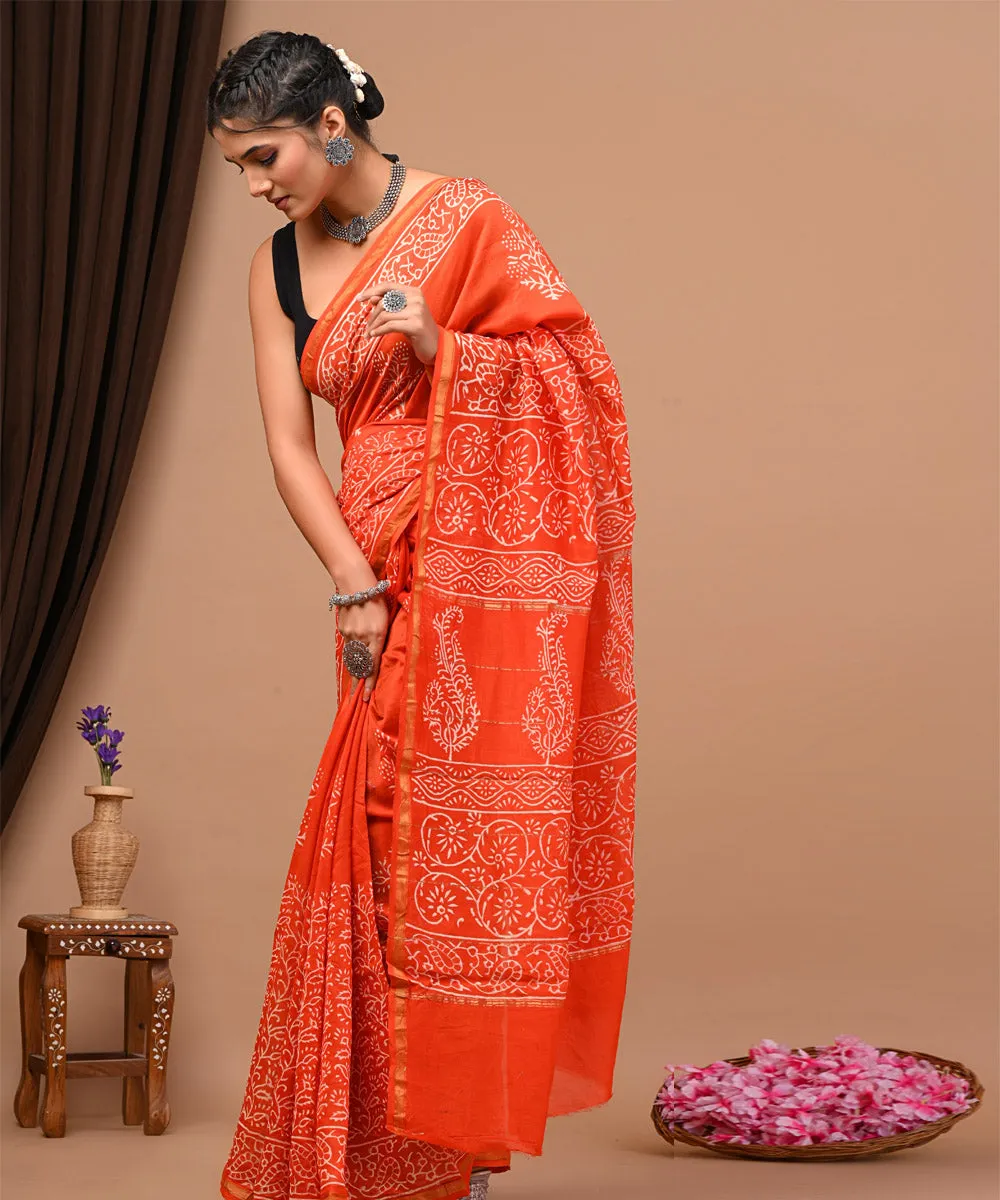 Orange offwhite hand block printed sanganeri cotton silk saree