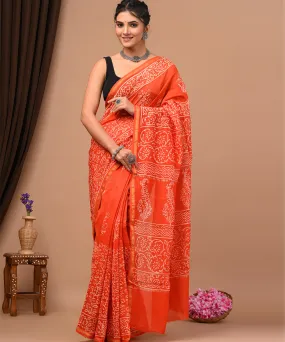 Orange offwhite hand block printed sanganeri cotton silk saree