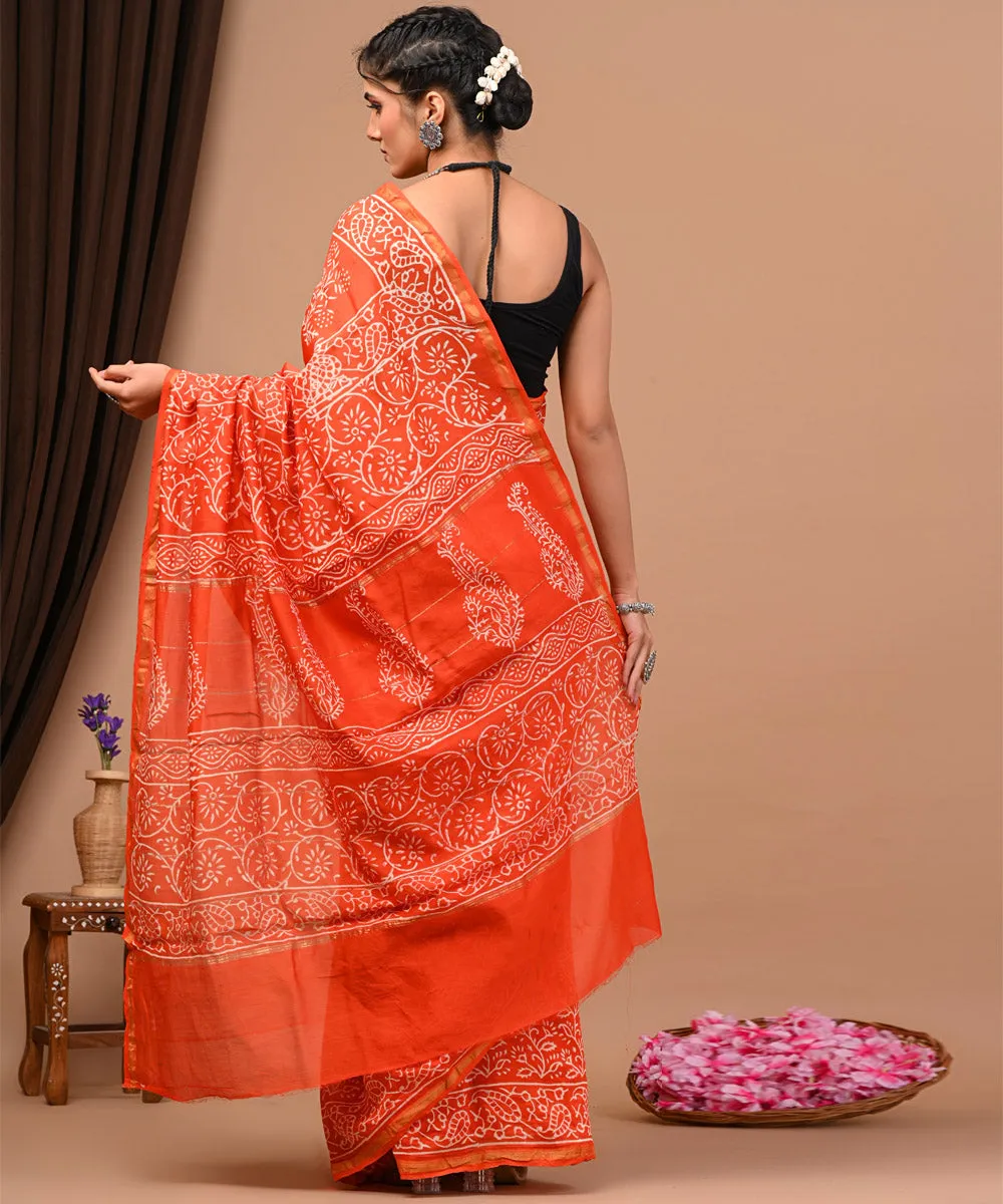 Orange offwhite hand block printed sanganeri cotton silk saree