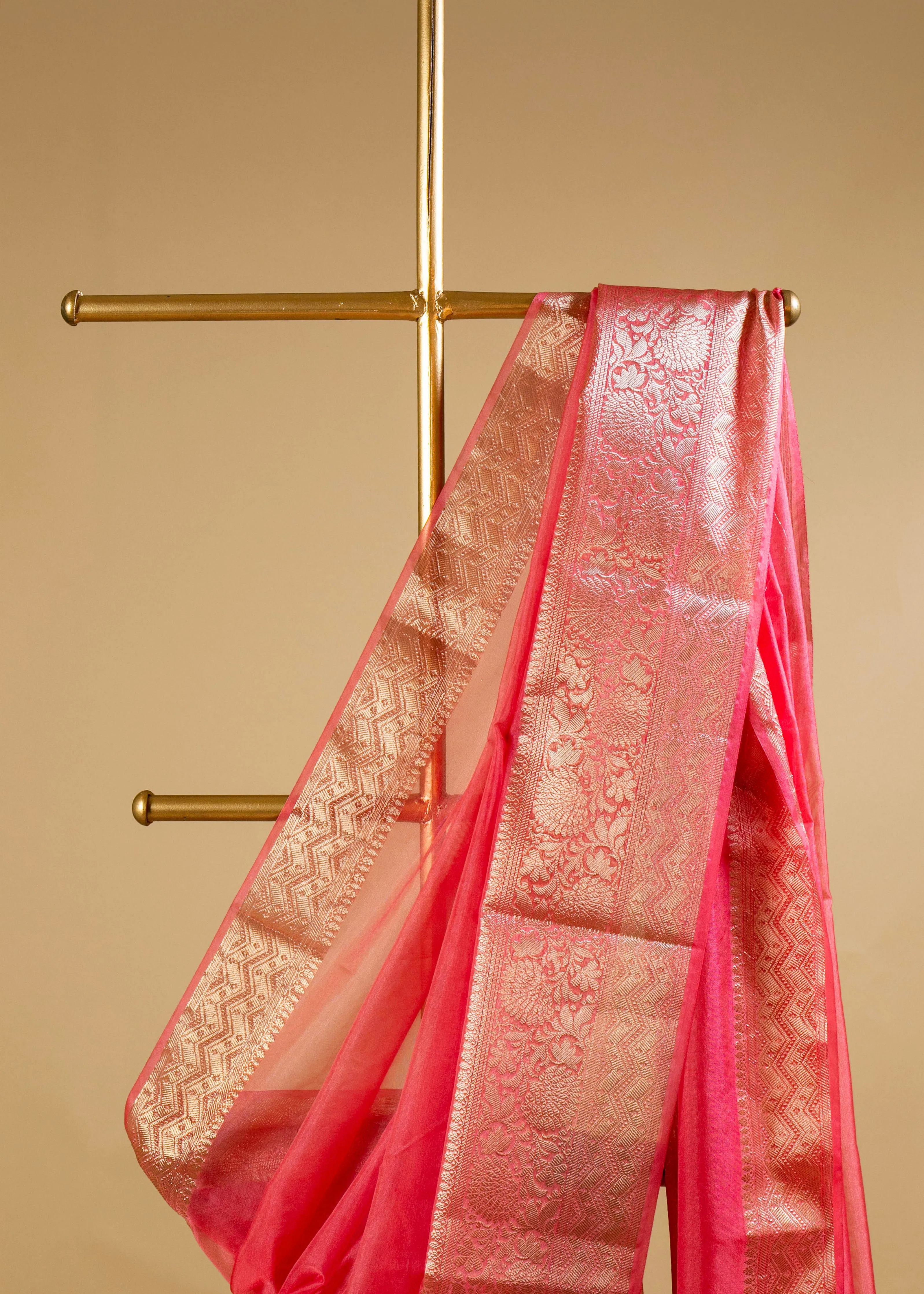 Peach Pink Banarasi Organza Saree with Gold Woven Border