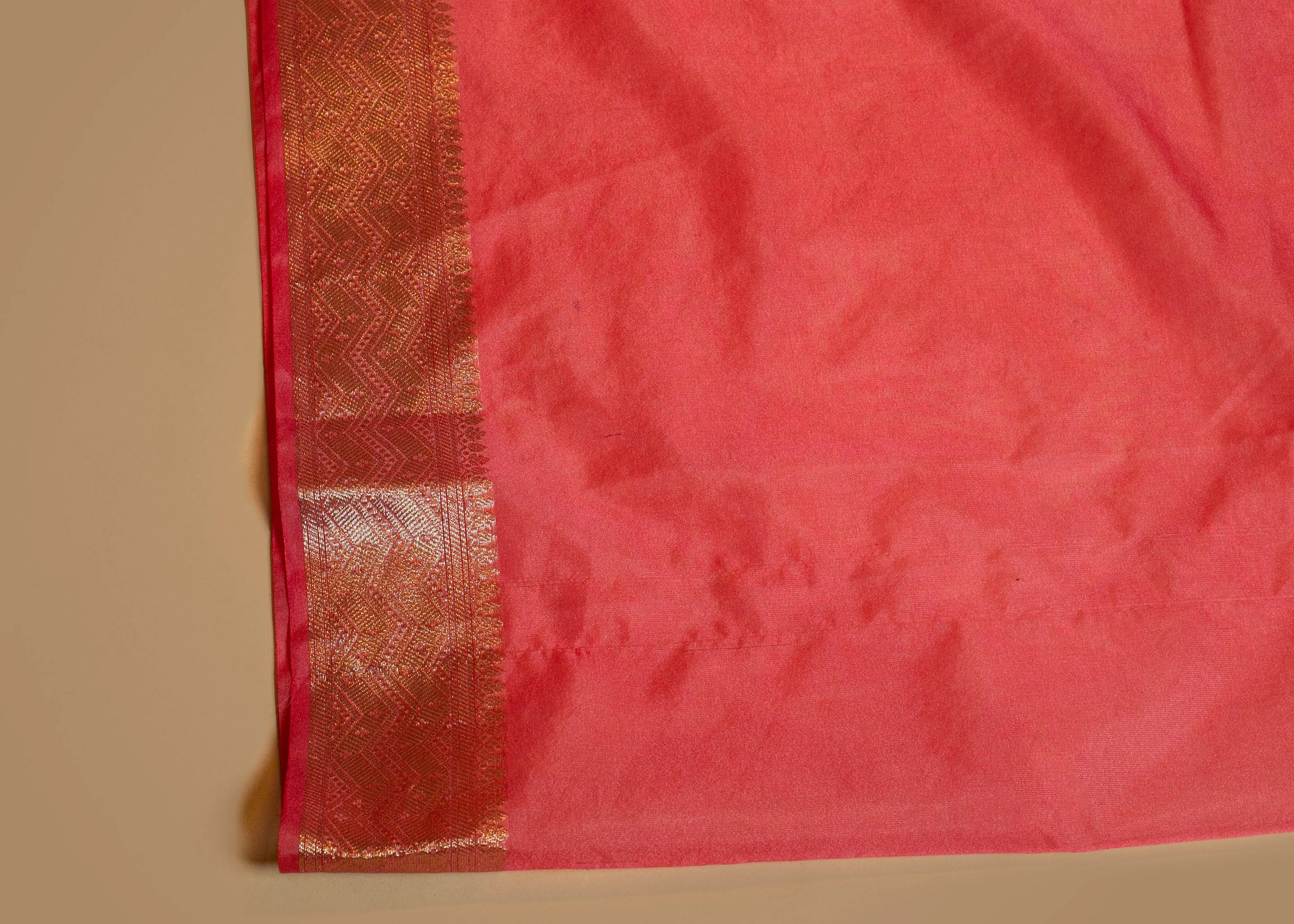 Peach Pink Banarasi Organza Saree with Gold Woven Border