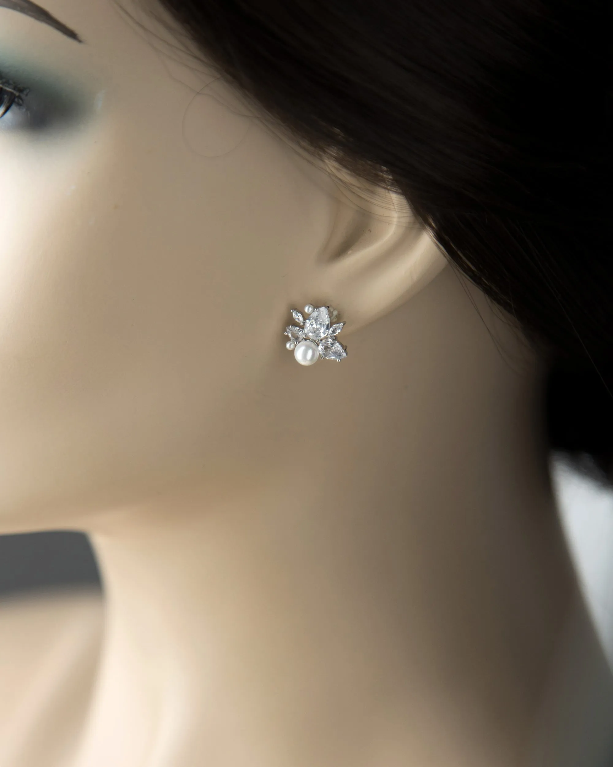 Pearl and CZ Cluster Stud Earrings