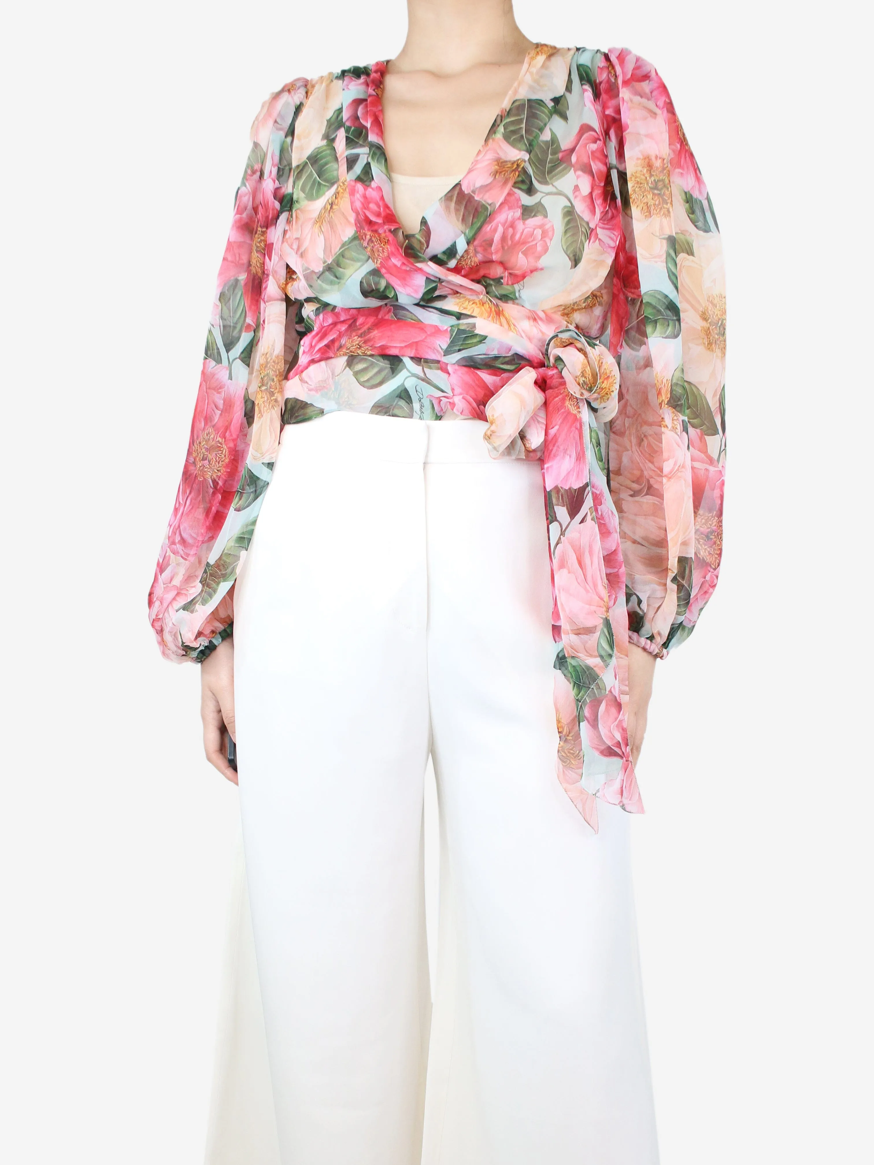 Pink floral wrap top - size UK 4