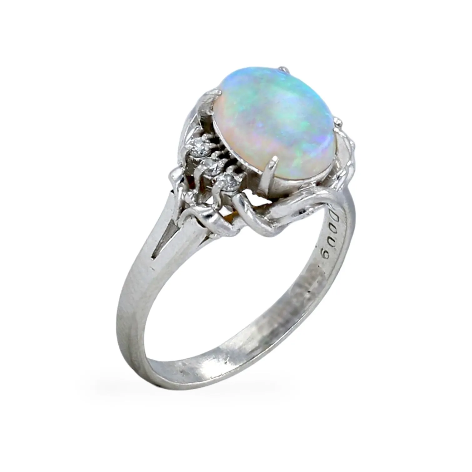 Platinum Australian oval opal setting diamonds ring