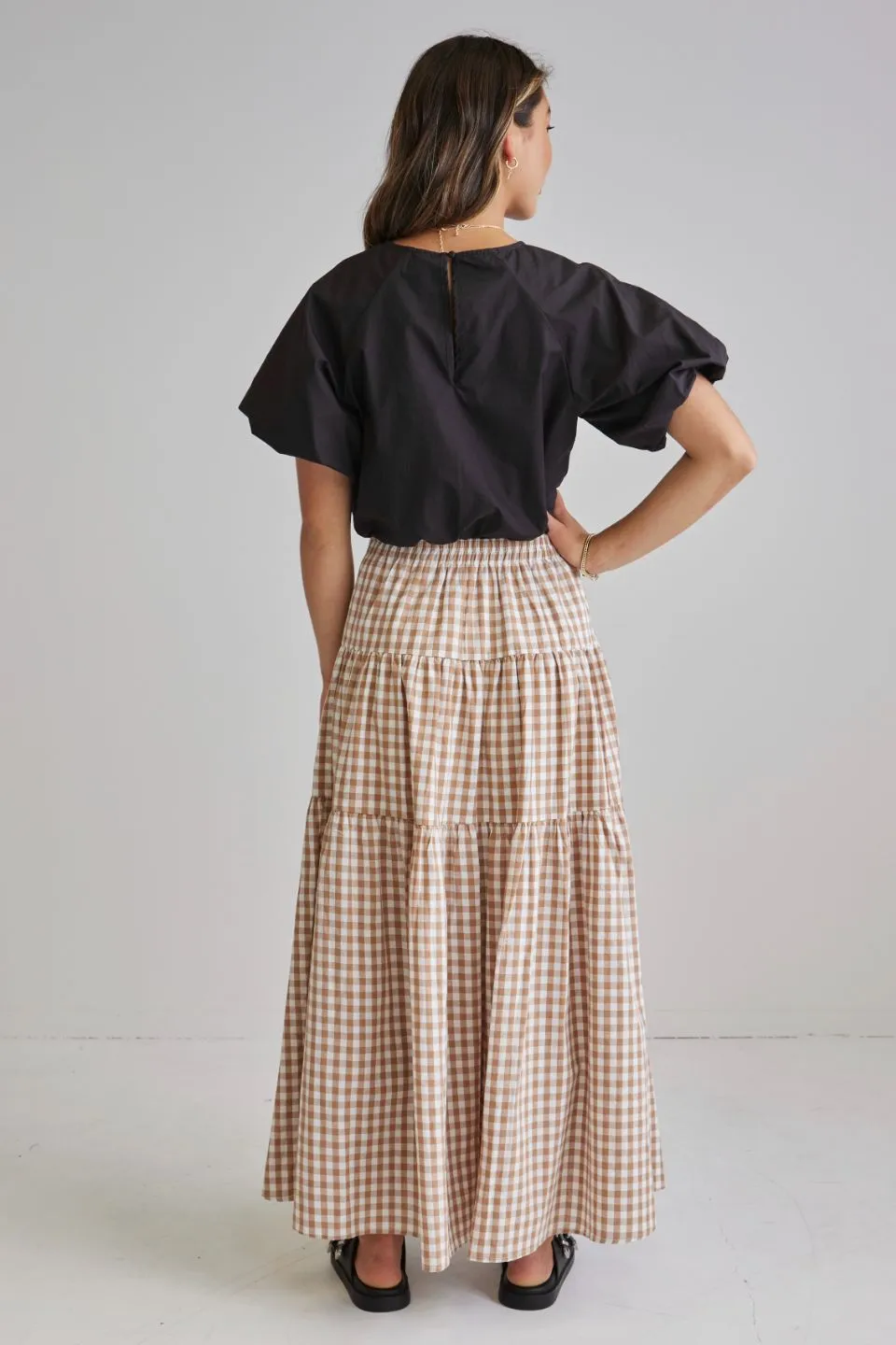 Playful Natural Gingham Tiered Maxi Skirt