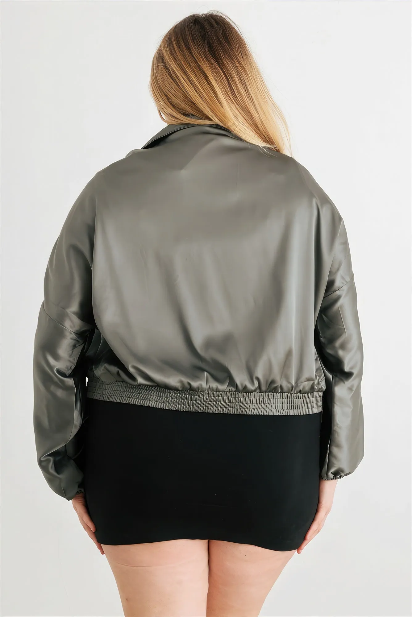 Plus Size Satin Ruched Bomber Jacket