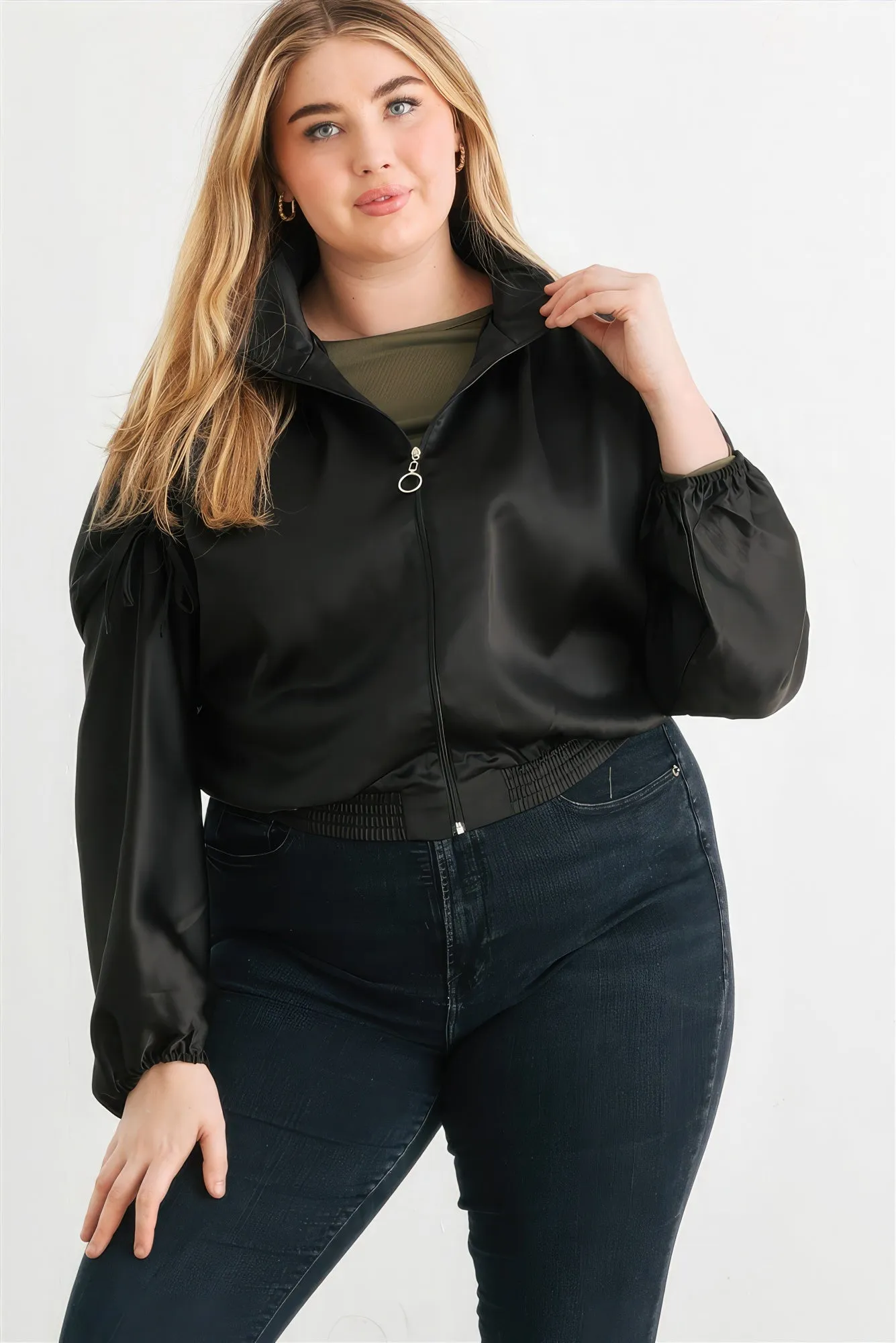 Plus Size Satin Ruched Bomber Jacket