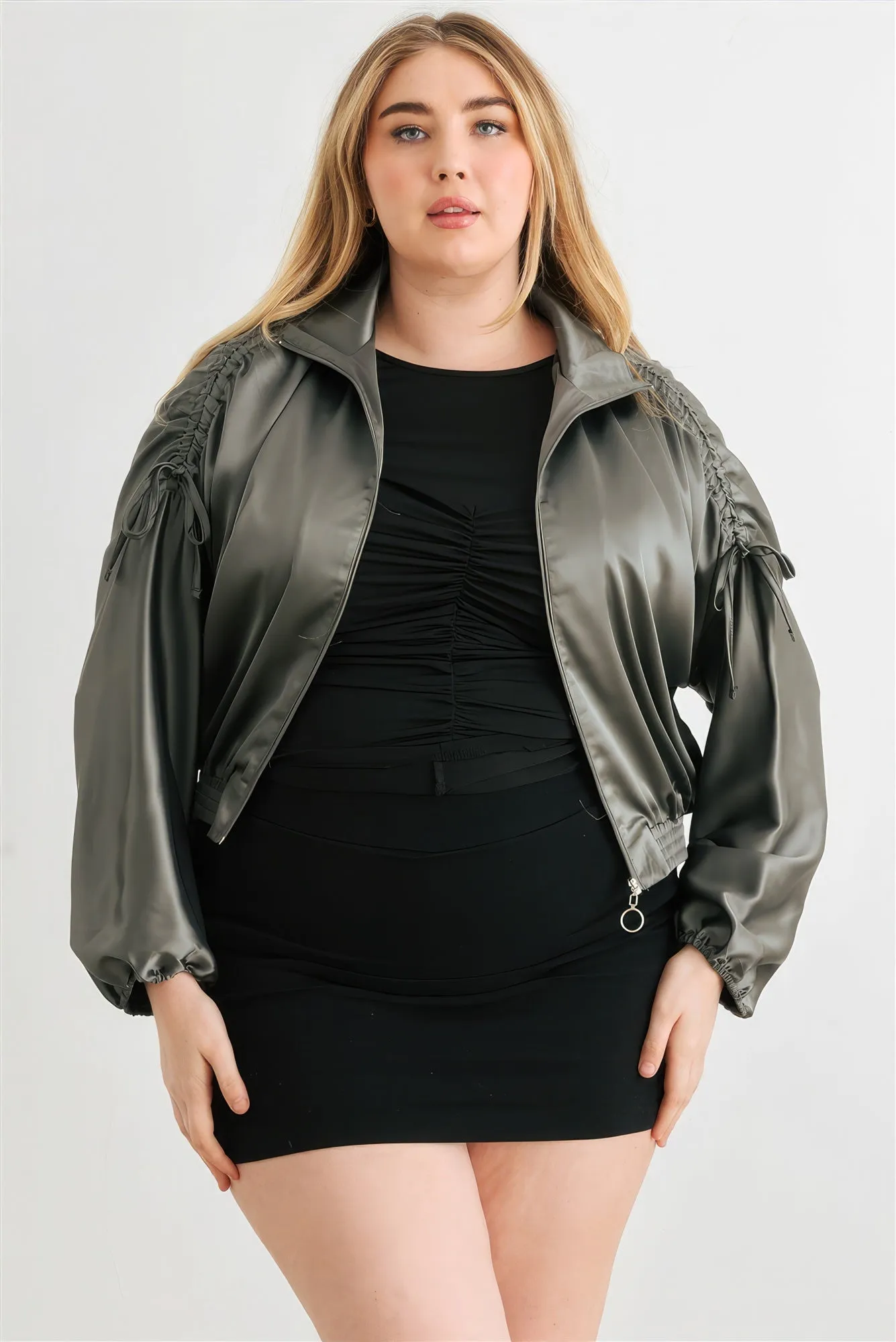 Plus Size Satin Ruched Bomber Jacket