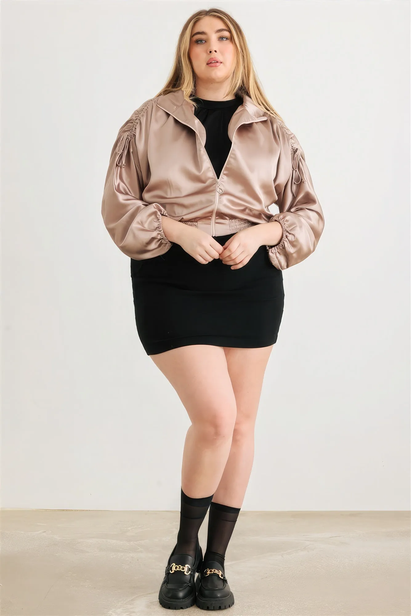 Plus Size Satin Ruched Bomber Jacket