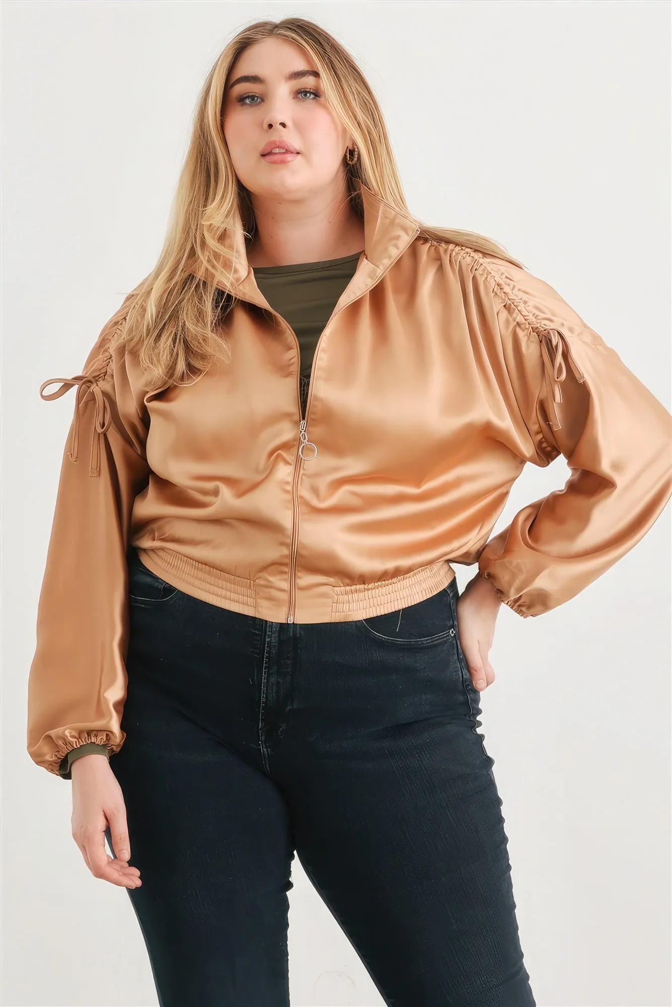 Plus Size Satin Ruched Bomber Jacket