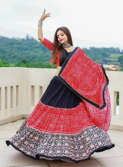 Pure Red & Black Cotton Printed Readymade Lehenga Choli Set