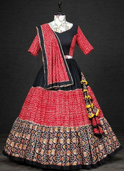 Pure Red & Black Cotton Printed Readymade Lehenga Choli Set