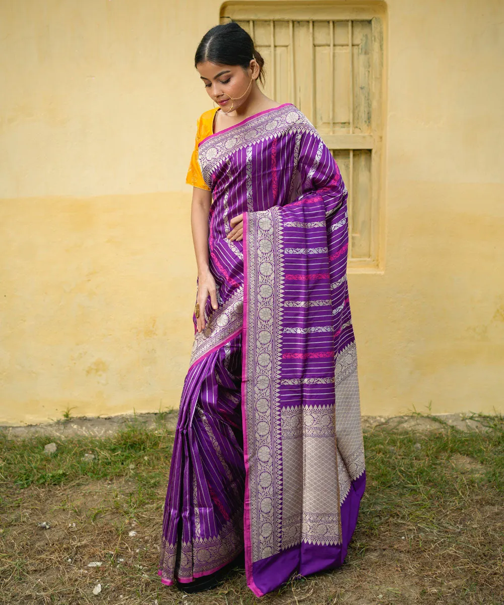 Purple striped silk handwoven banarasi saree