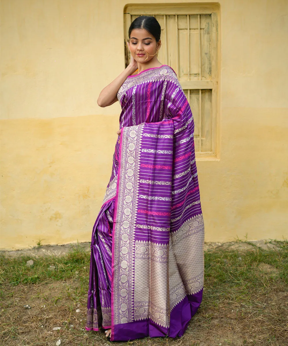 Purple striped silk handwoven banarasi saree