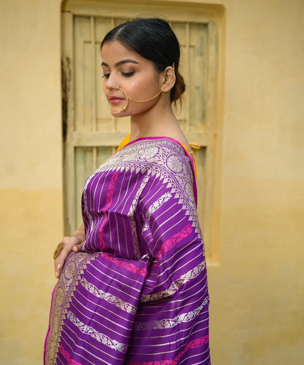 Purple striped silk handwoven banarasi saree