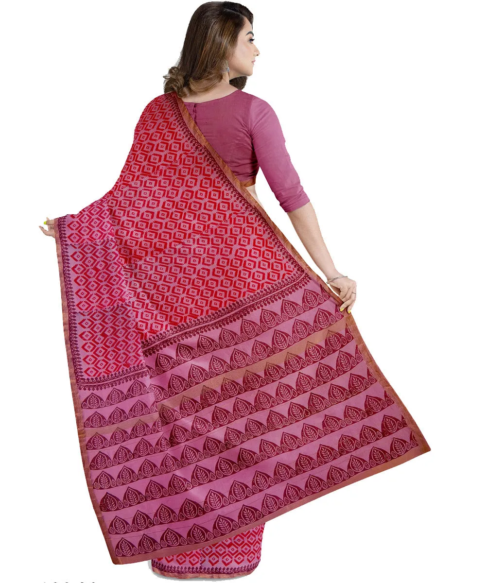 Red cotton silk hand printed maheshwari saree