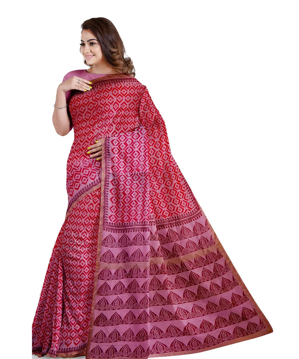 Red cotton silk hand printed maheshwari saree