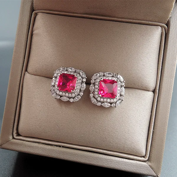 Red Gem Double Halo 925 Sterling Silver Stud Earrings