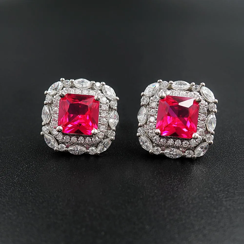 Red Gem Double Halo 925 Sterling Silver Stud Earrings