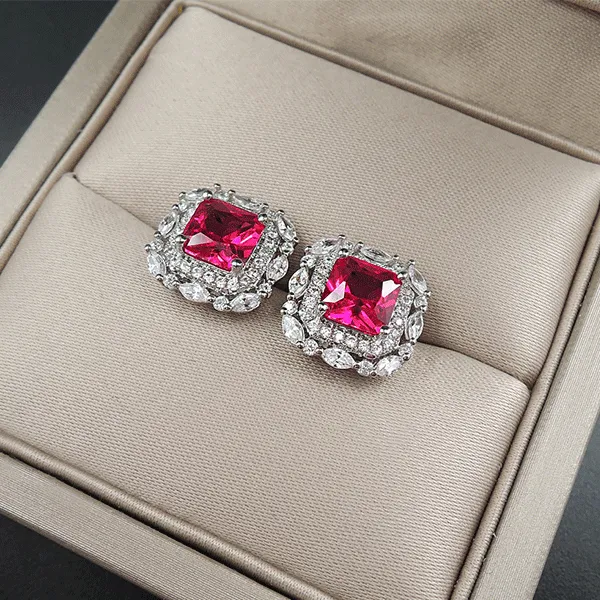 Red Gem Double Halo 925 Sterling Silver Stud Earrings