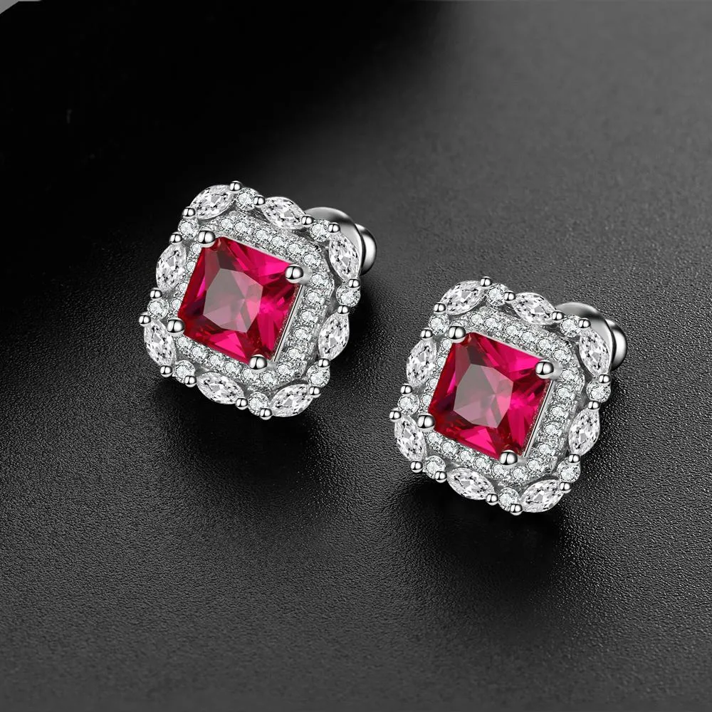 Red Gem Double Halo 925 Sterling Silver Stud Earrings