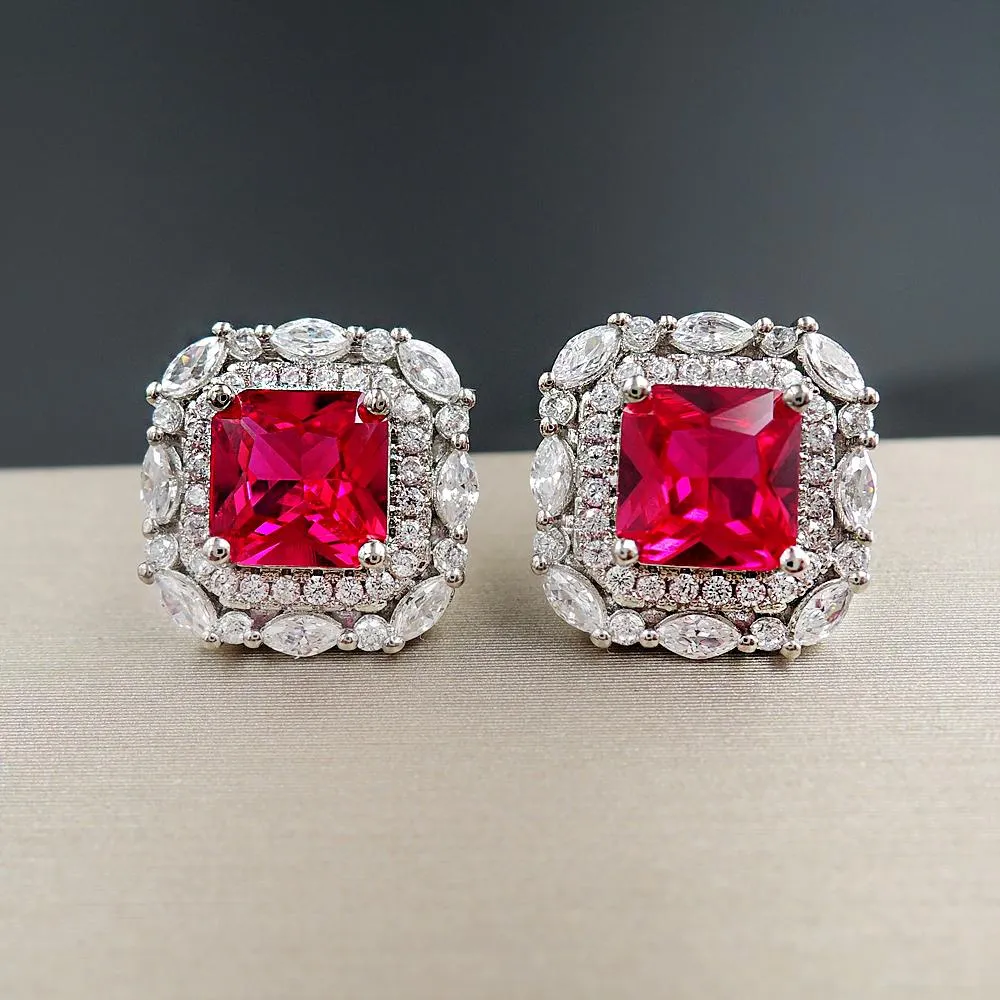 Red Gem Double Halo 925 Sterling Silver Stud Earrings