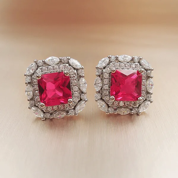 Red Gem Double Halo 925 Sterling Silver Stud Earrings