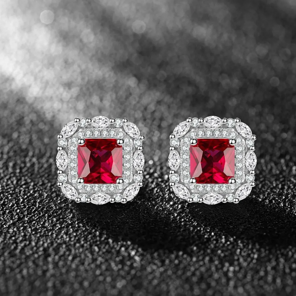 Red Gem Double Halo 925 Sterling Silver Stud Earrings