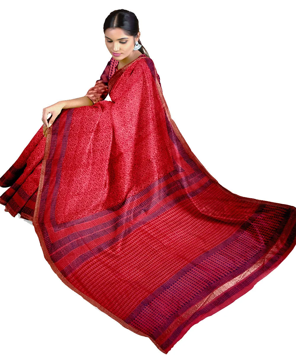 Red hand printed maheshwari cotton silk saree