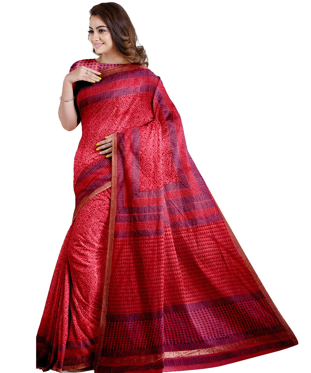 Red hand printed maheshwari cotton silk saree