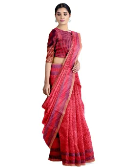 Red hand printed maheshwari cotton silk saree