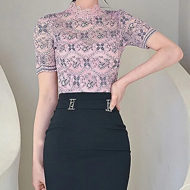 Set: Short-Sleeve Mock Neck Lace Top   High Rise Plain Midi Pencil Skirt EE11