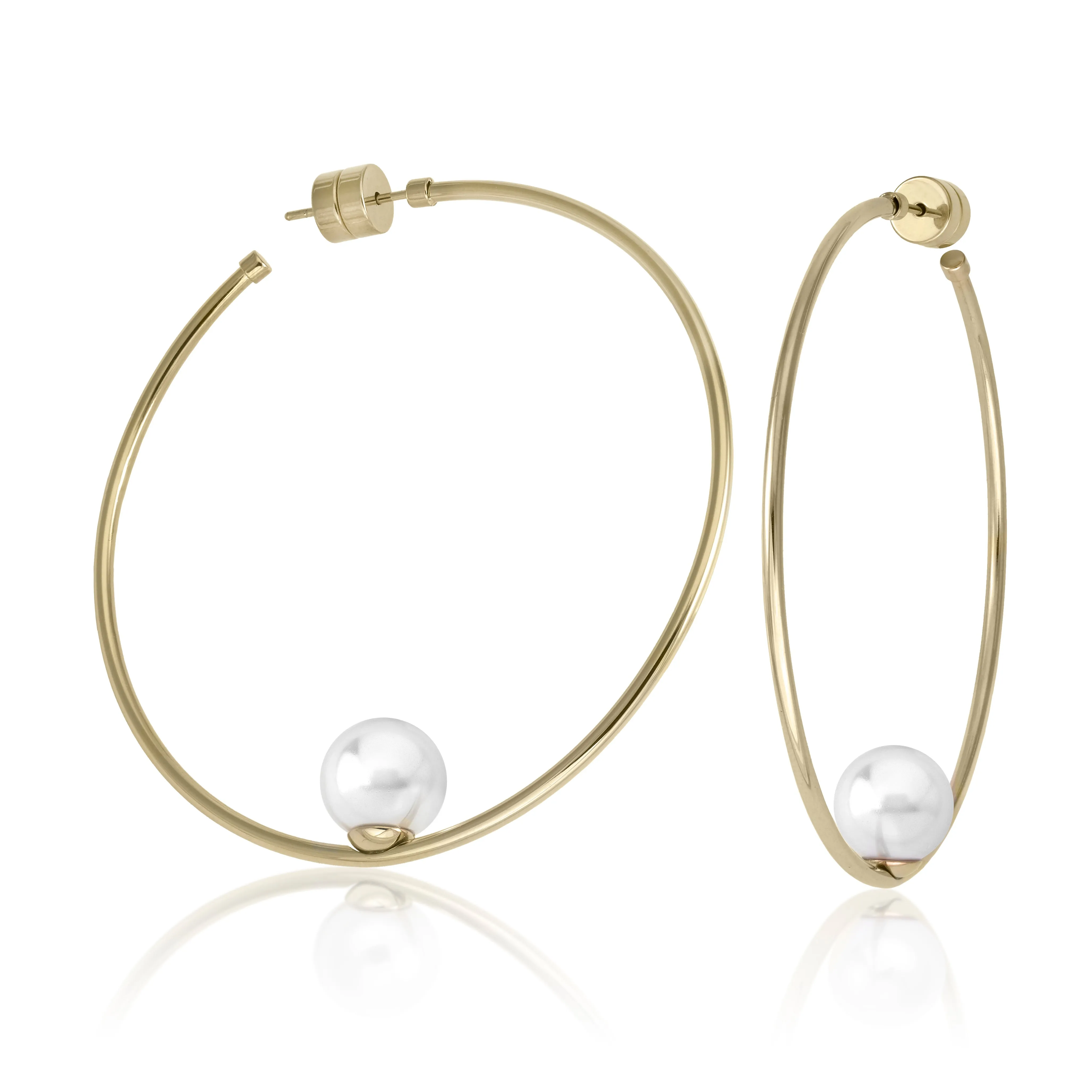 Steel Gold Plated Earrings with Post and Organic Pearl for Women, 10mm Round White Pearl, 2.3 Length, Marianela Collection