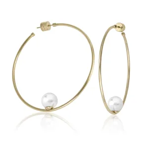 Steel Gold Plated Earrings with Post and Organic Pearl for Women, 10mm Round White Pearl, 2.3 Length, Marianela Collection