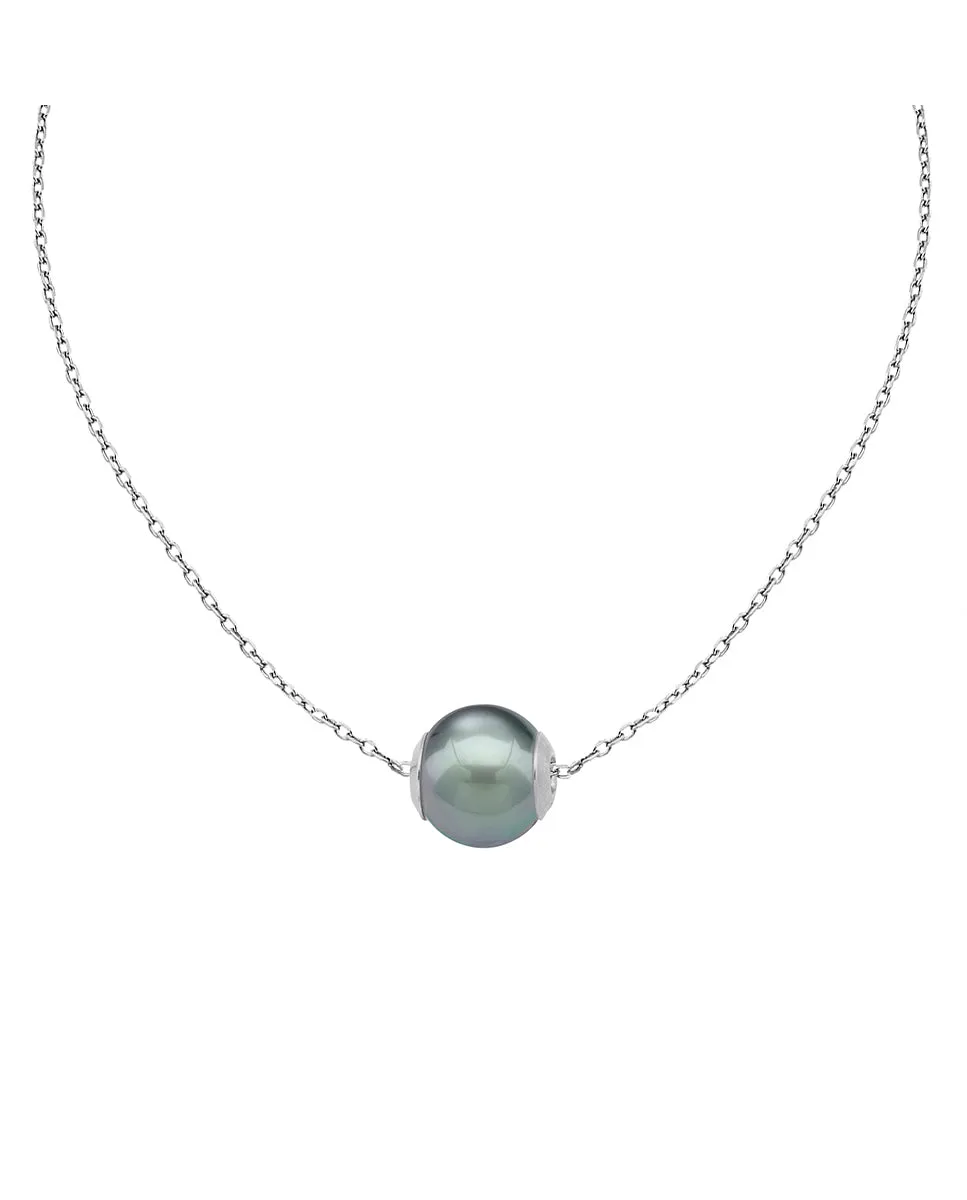 Sterling Silver Rhodium Plated Choker Necklace for Women with Grey Round Pearl, 12mm Pearl, 13/16.9 Chain Length, Nuada Collection