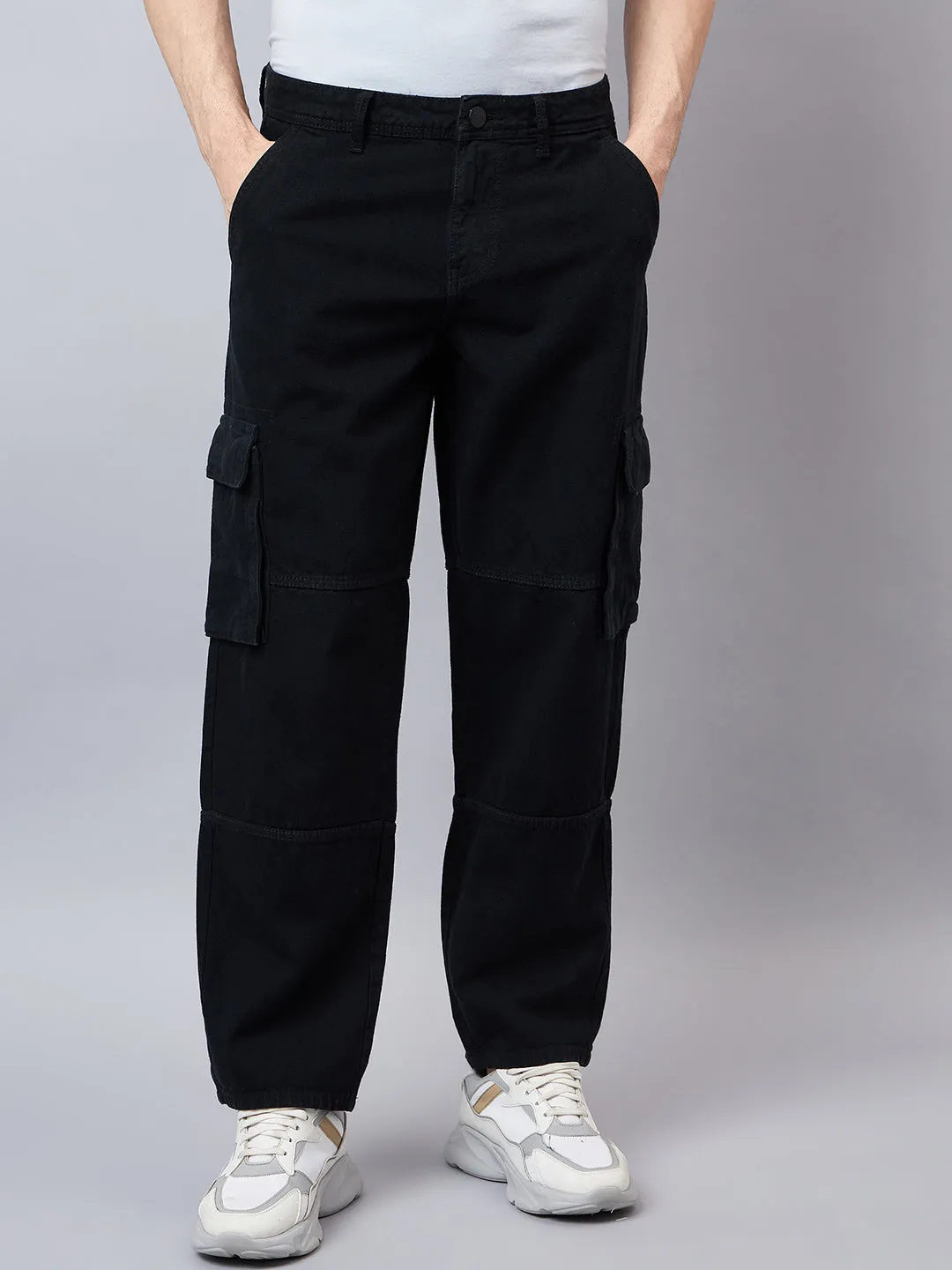 Style Quotient Men Black Relaxed Fit Mid Rise Cargos