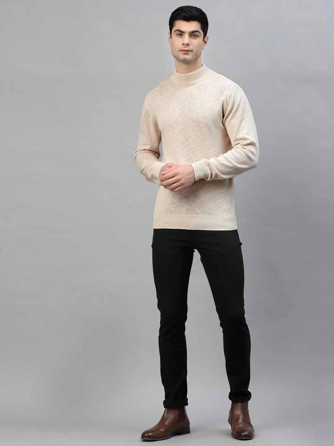 Style Quotient Men Solid Beige Knitted Regular Sweatshirt