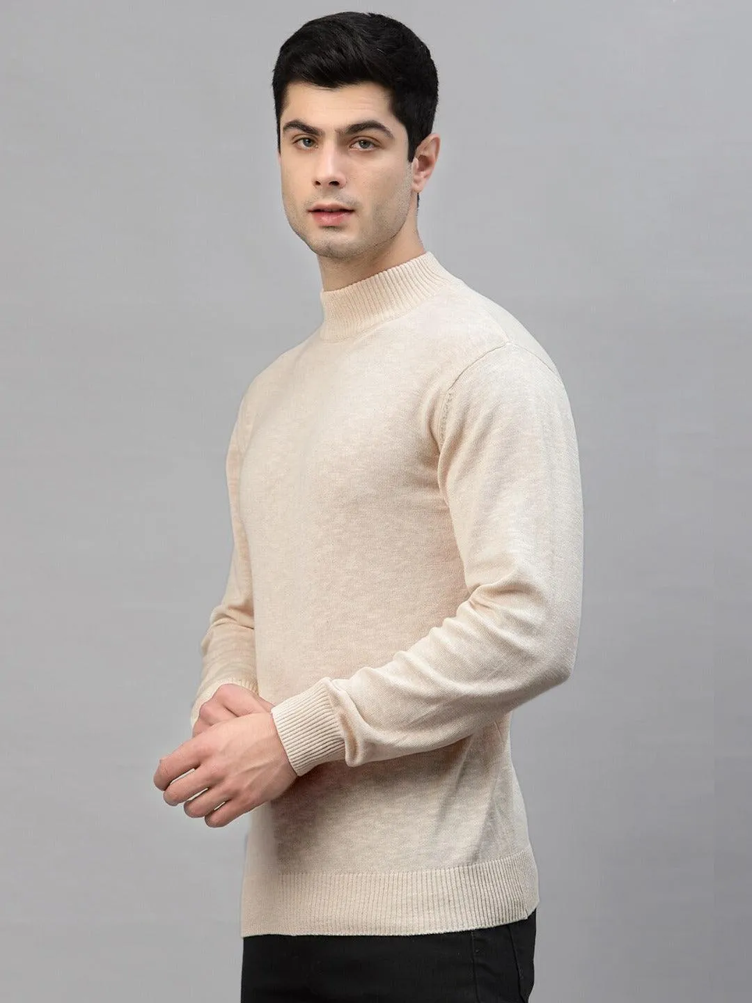 Style Quotient Men Solid Beige Knitted Regular Sweatshirt