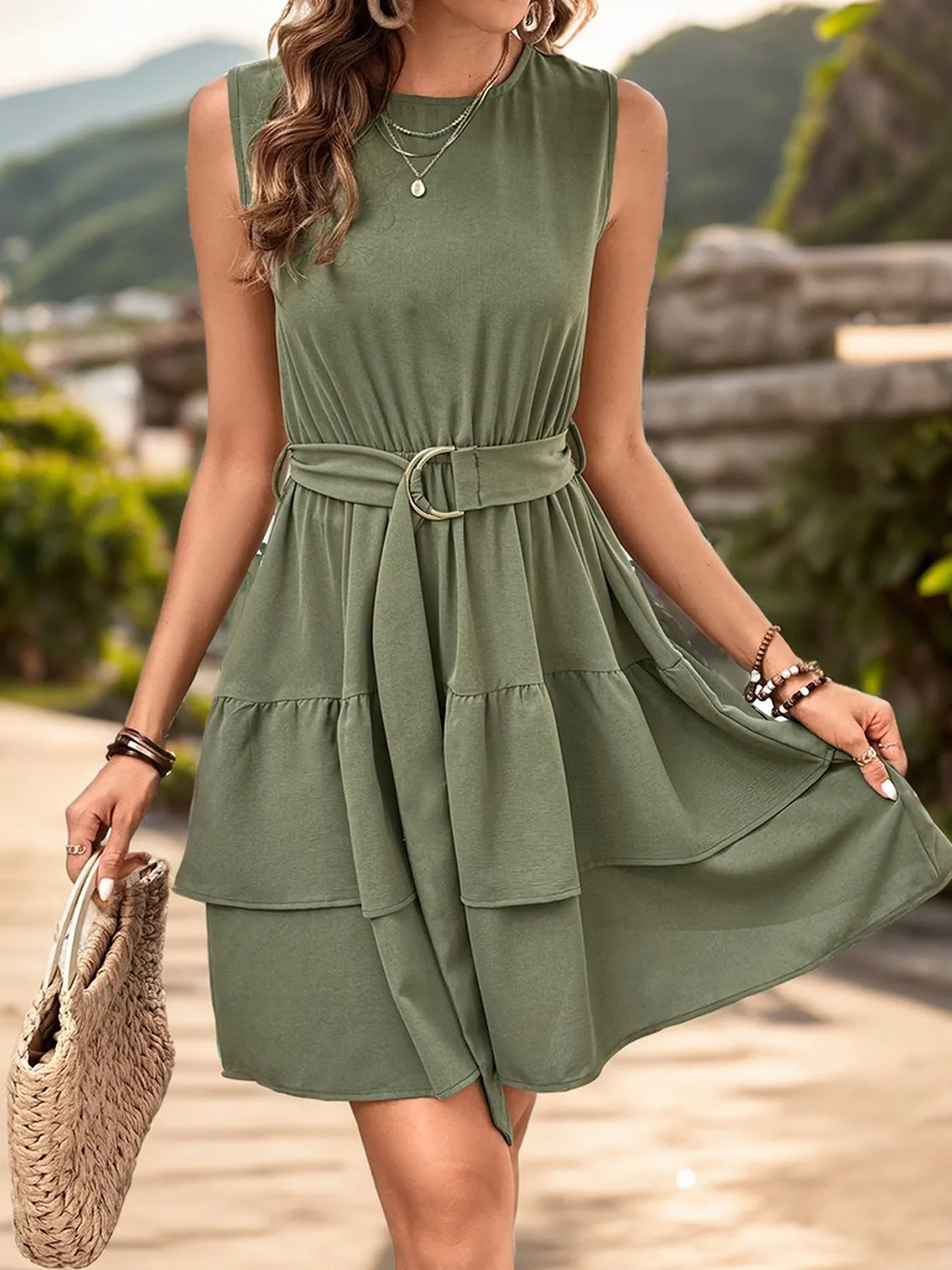 Sunset and Swim  Layered Round Neck Sleeveless Mini Dress