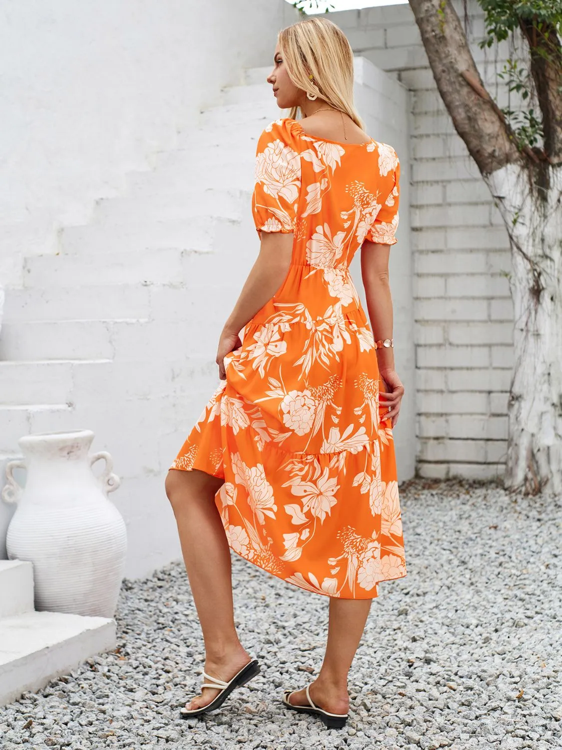 Sunset Vacation Printed Asymmetric Neck Short Sleeve Midi Dress