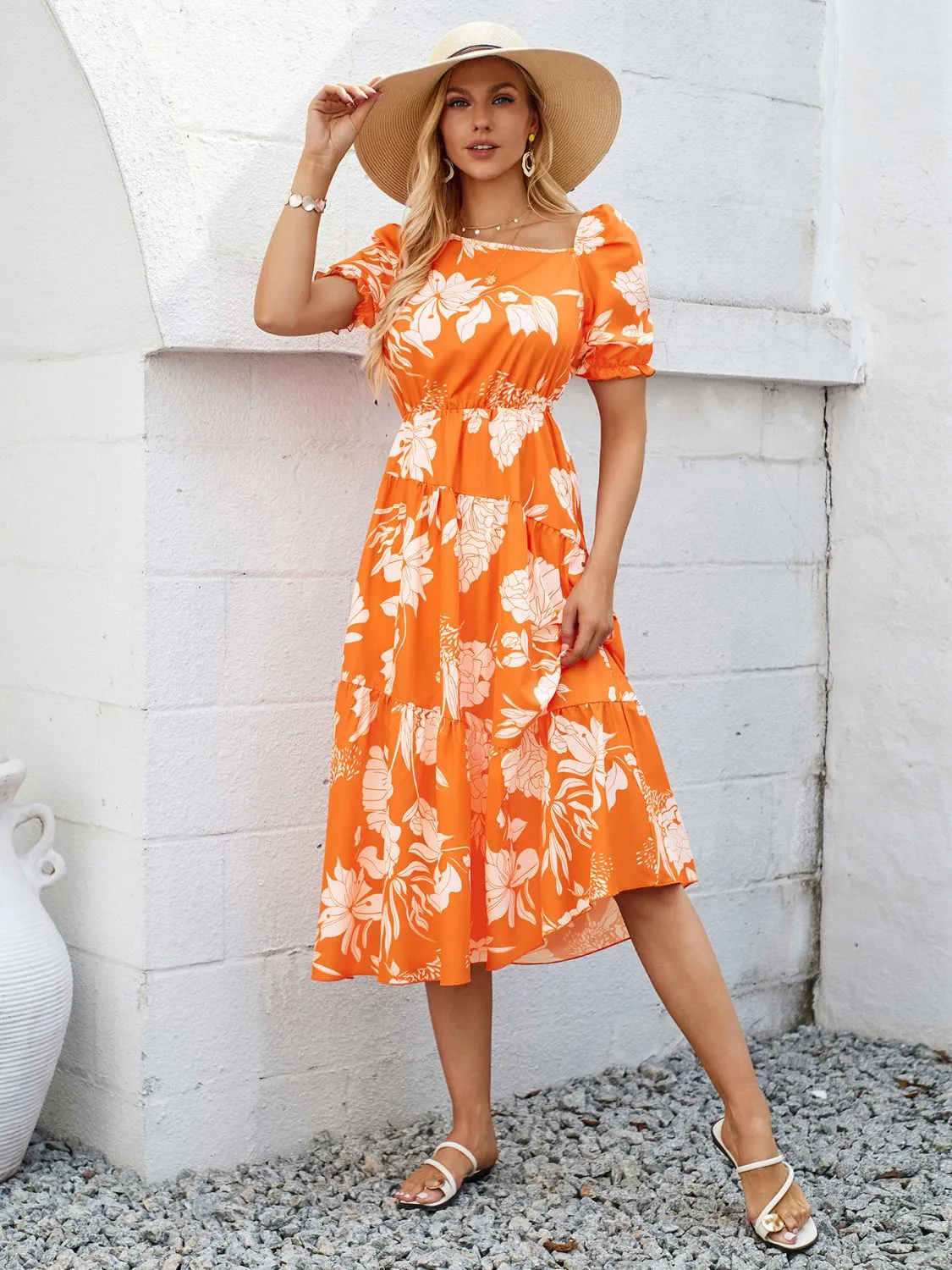 Sunset Vacation Printed Asymmetric Neck Short Sleeve Midi Dress