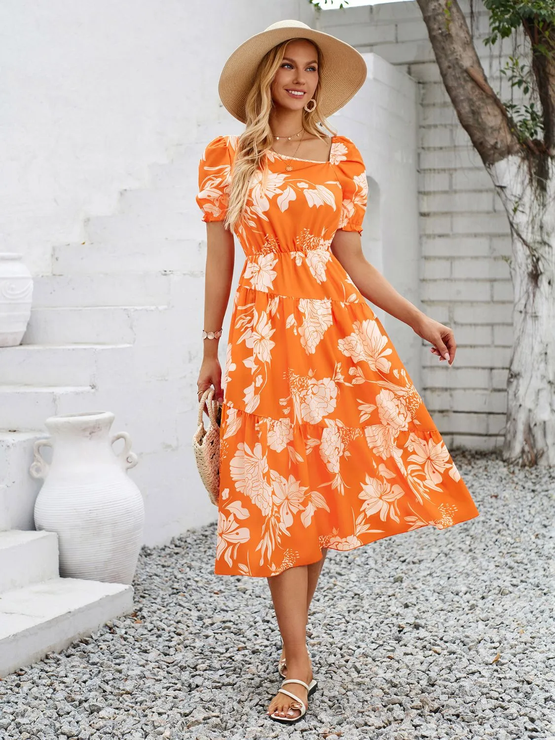 Sunset Vacation Printed Asymmetric Neck Short Sleeve Midi Dress